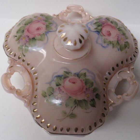 Cambridge Pink CROWN TUSCAN Handpainted CHARLTON ROSE 3 Part Candy DIsh with Lid - Picture 1 of 4